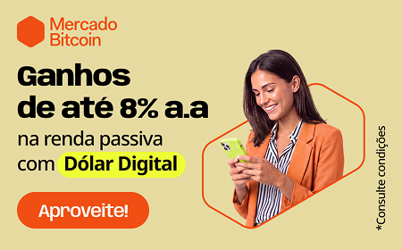 Banner promocional do Dólar Turbinado que oferece ganhos de até 8% em renda passiva com Dólar Digital (USDT e USDC).